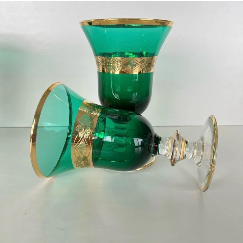 Vintage Goblet 3pc Set Emerald Green 24k Gold Plated Italian Style Wine Glass